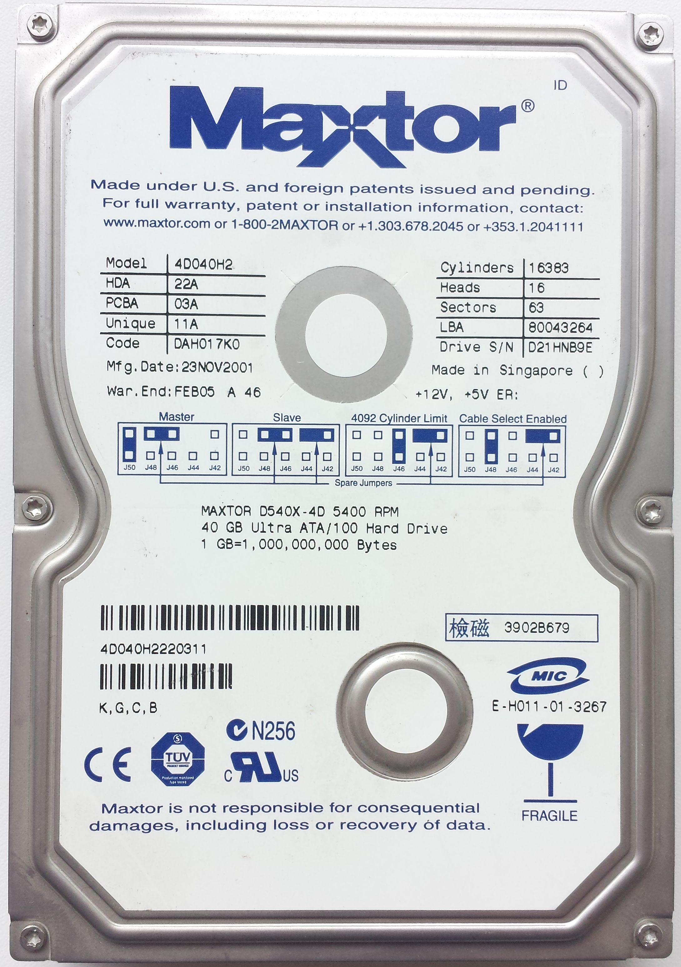 HDD PATA/100 3.5" 40GB / Maxtor DiamondMax D540X (4D040H2)